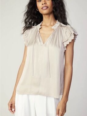 Current Air Anthroplogie Ruffled Cap-Sleeve V-Neck Blouse in Light Beige
